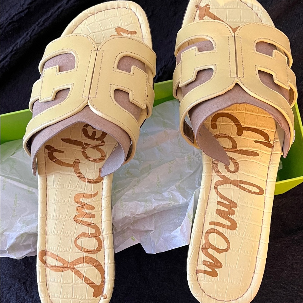 Sam Edelman Pale Yellow Slide Sandals with Cutout Upper